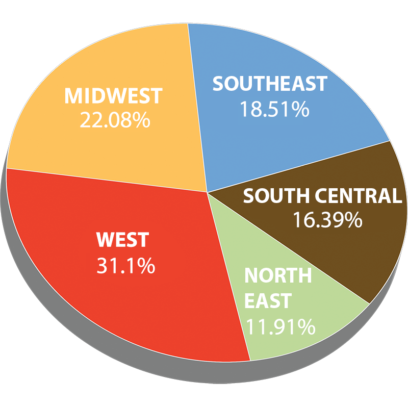 pie chart of percentage of portfolio by regions of united states